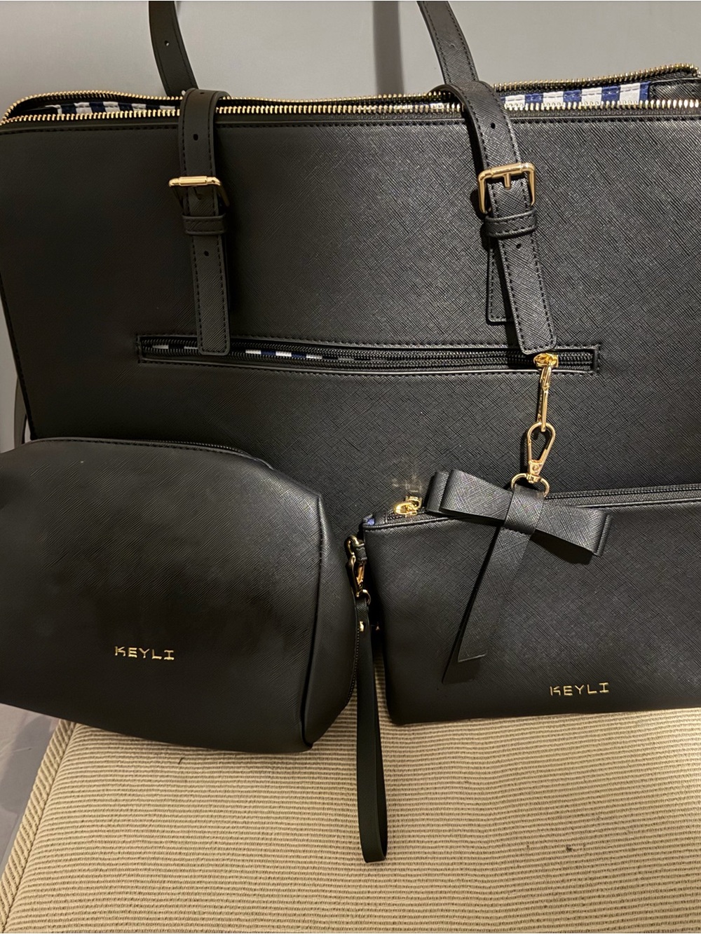 KEYLI Black 3-Piece Handbag Set - Tote, Wristlet & Pouch